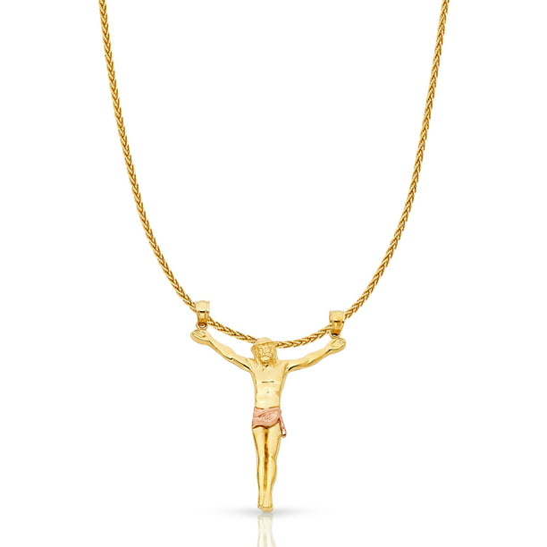 14K Two Tone Gold Cross Charm Pendant with 1.1mm Wheat Chain Necklace 